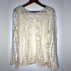 Blair Boho Lace Crochet Top w/ Cami Tank Under Large Flowers Sheer Long Sleeve
